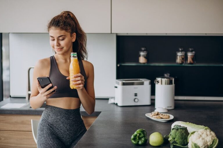 Mujer deportiva en la cocina a través de teléfono móvil